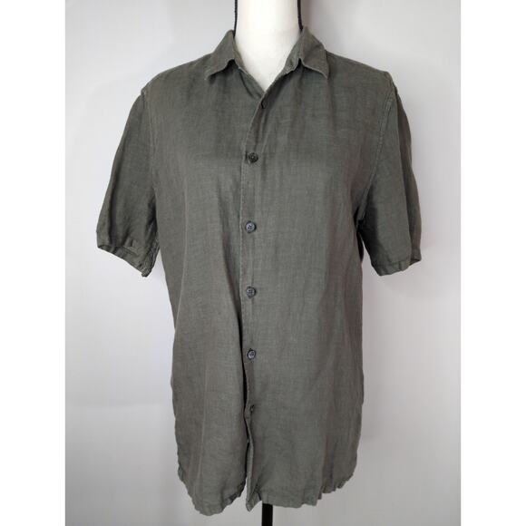 Theory Green Button Up Linen Short Sleeve Casual Top Women's Small - Picture 1 of 7